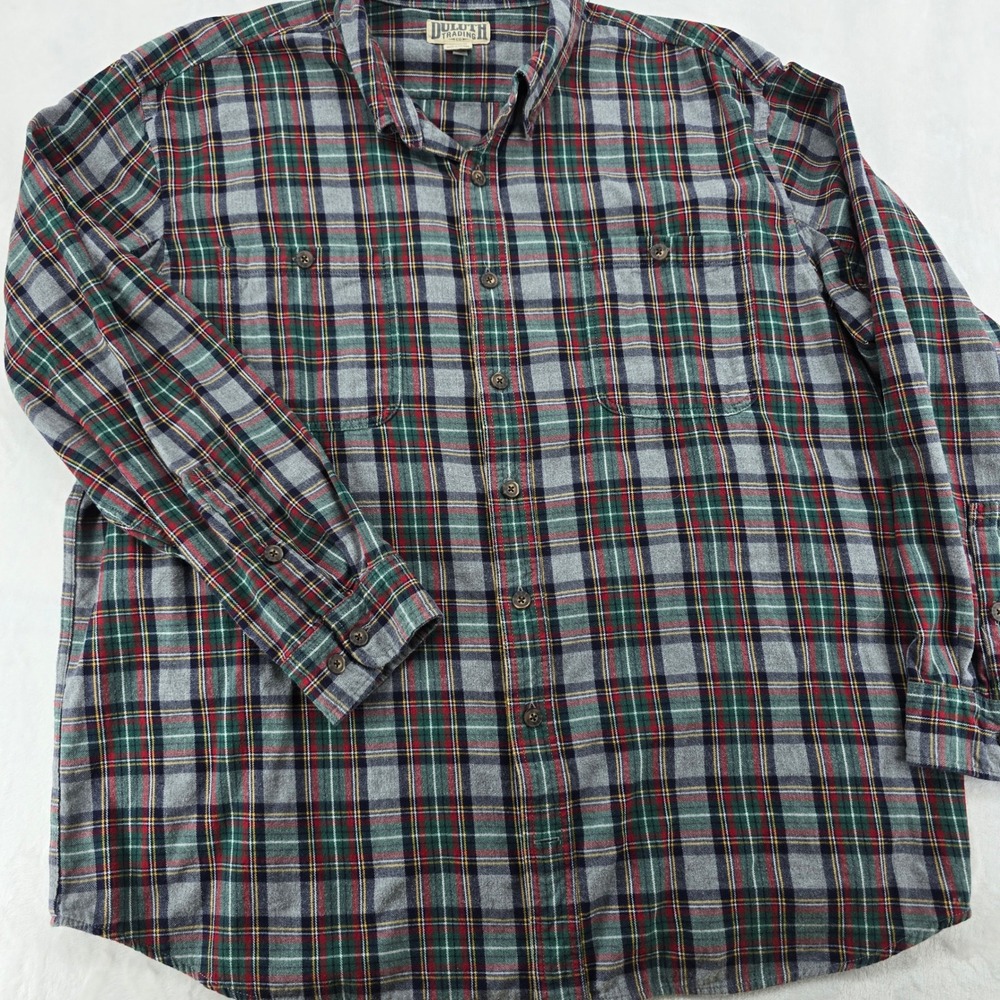 Duluth Trading Co Shirt Mens 3XL Tall Flannel Grey Green Red Plaid Button Down